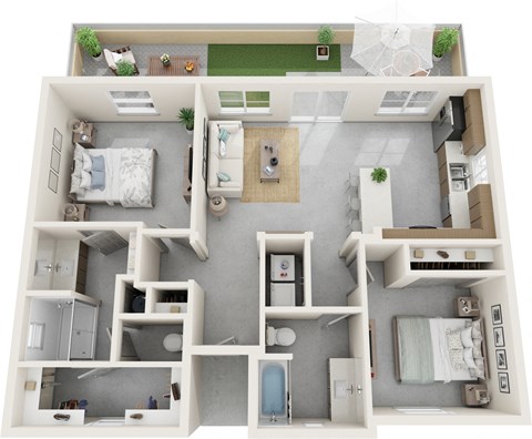 a 3d rendering of a floor plan with bedrooms and a living room